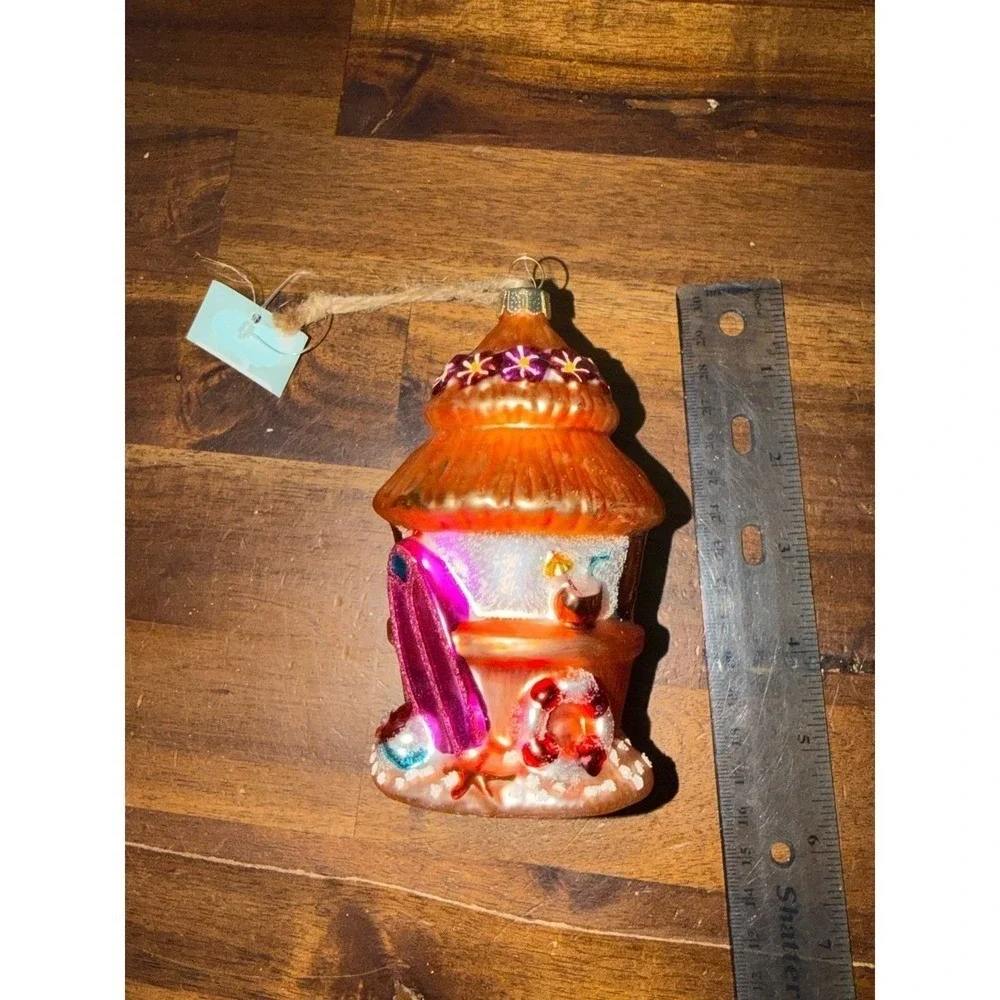 Tropical Beach Hut & Tiki Bar Glass Ornaments Set Holiday Christmas xmas